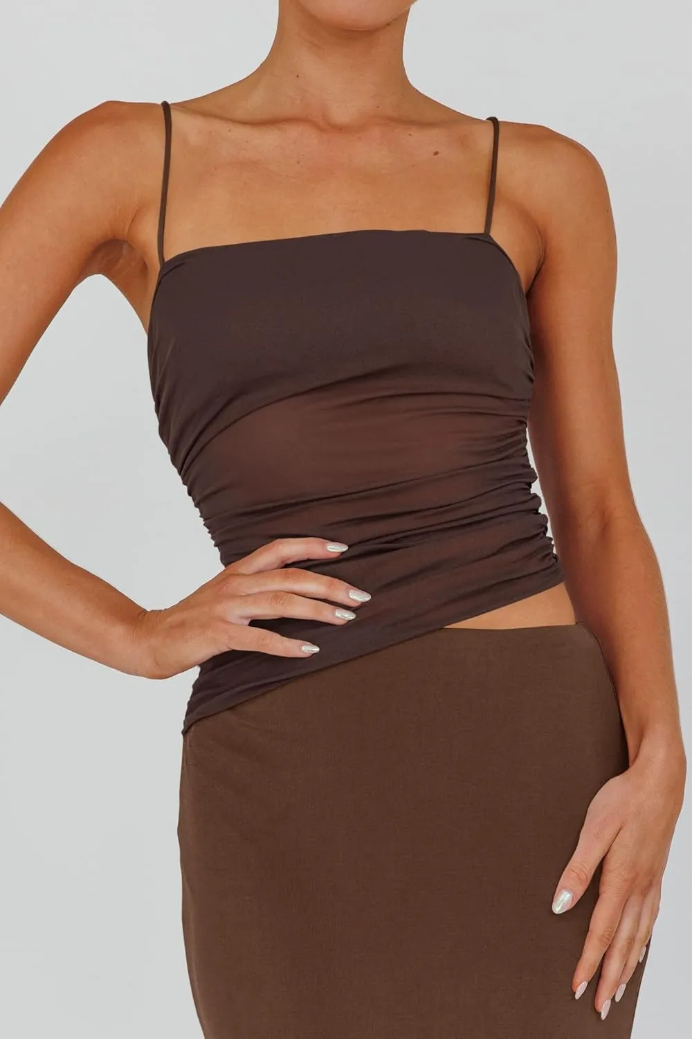Fisoew Womens 2 Piece Skirt Dress Set Summer Sheer Mesh Ruched Camisole Tops Maxi Skirts Sexy Bodycon Sets