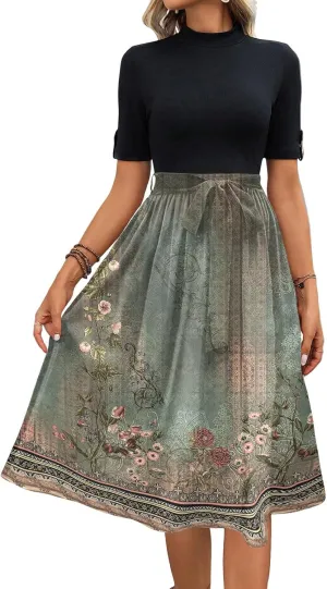 Floral Dresses Flowy Short Sleeve Empire Waist Summer Crewneck Midi Length Fashion Belted Sundresses for Women