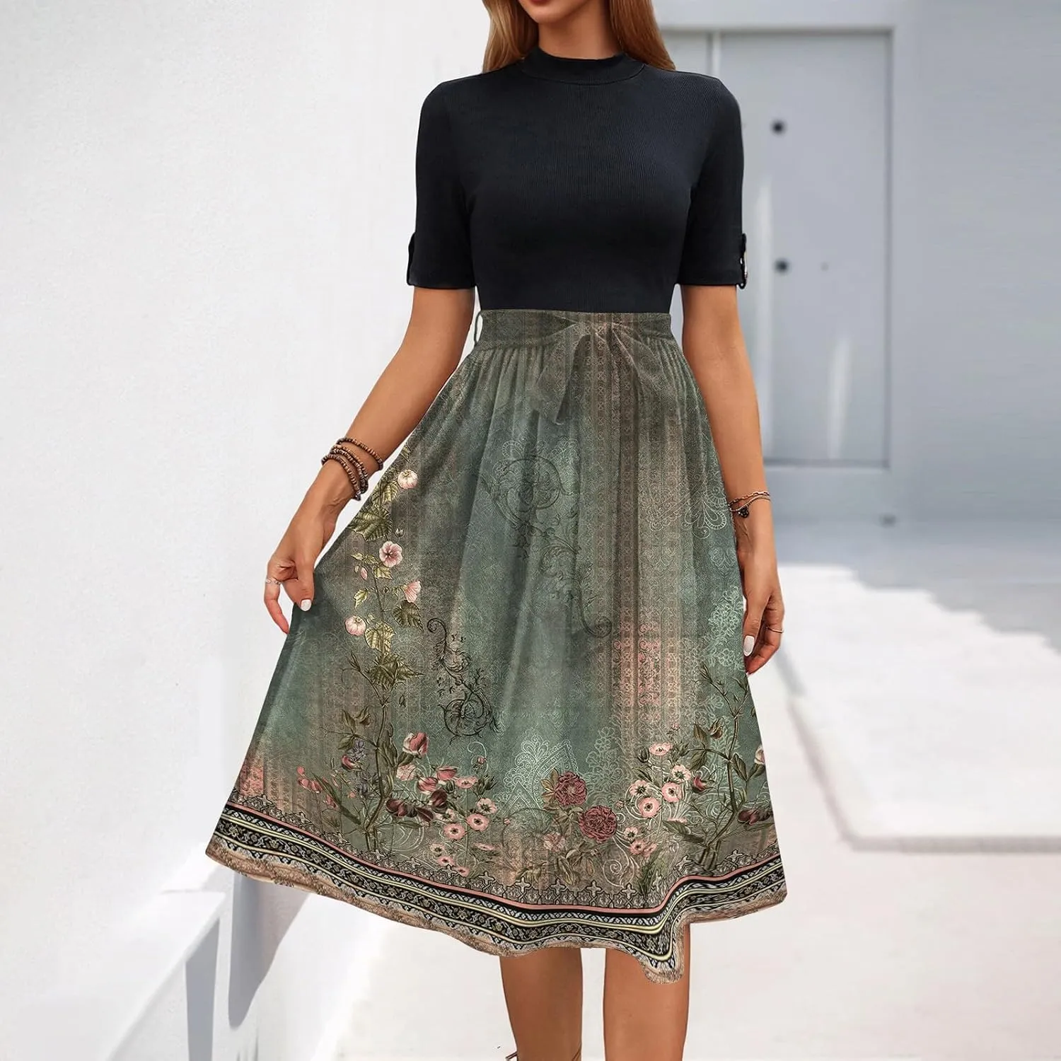 Floral Dresses Flowy Short Sleeve Empire Waist Summer Crewneck Midi Length Fashion Belted Sundresses for Women