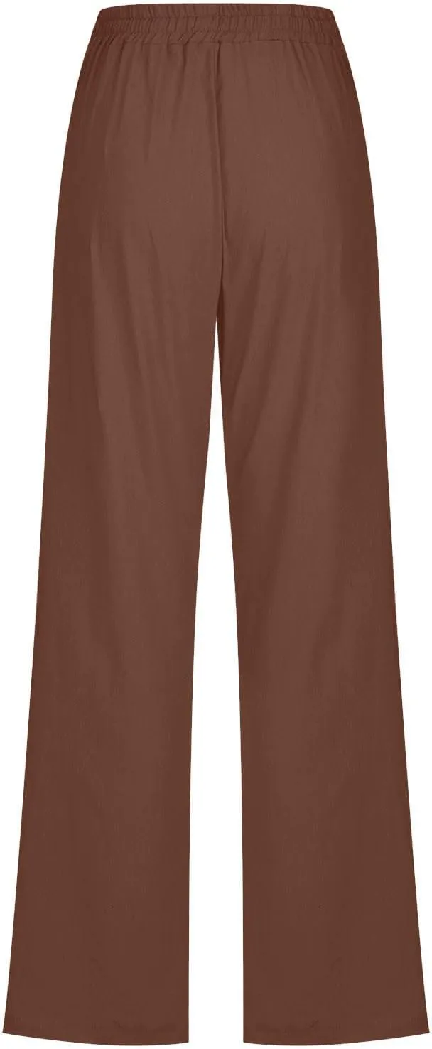 Flowy Pants for Women Elastic Waist Wide Leg Trousers Lightweight Linen Blend Casual Spring and Summer Beachwear