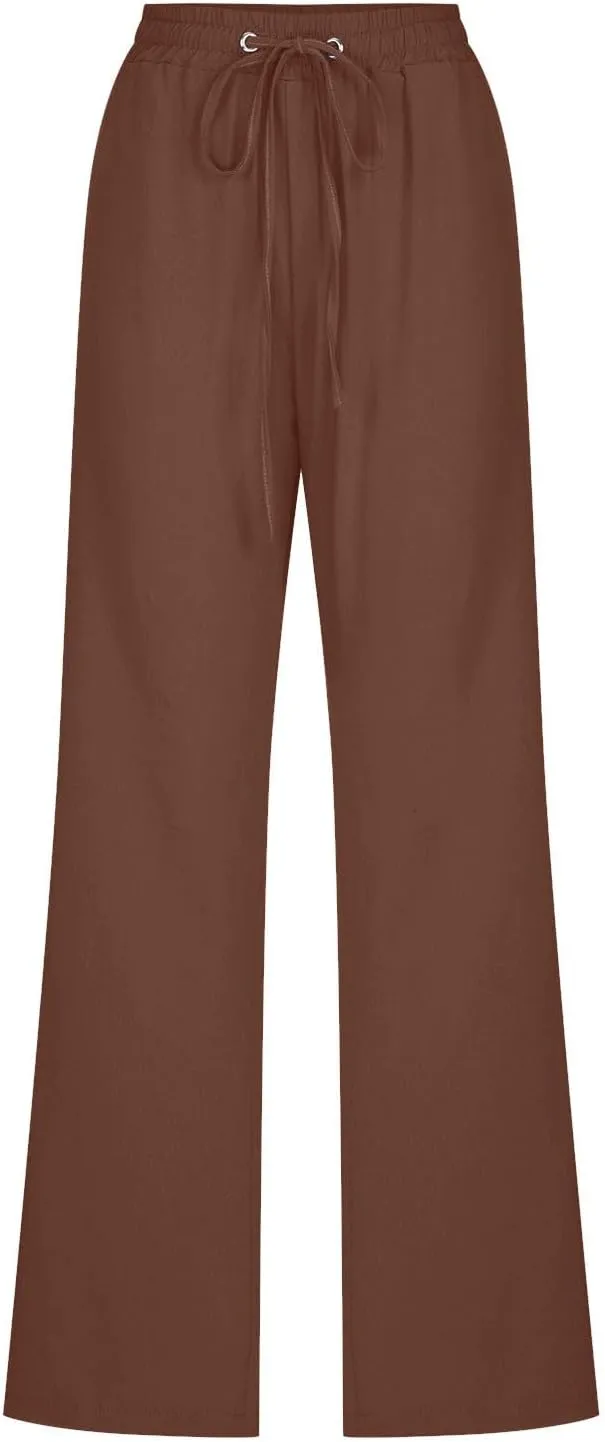 Flowy Pants for Women Elastic Waist Wide Leg Trousers Lightweight Linen Blend Casual Spring and Summer Beachwear