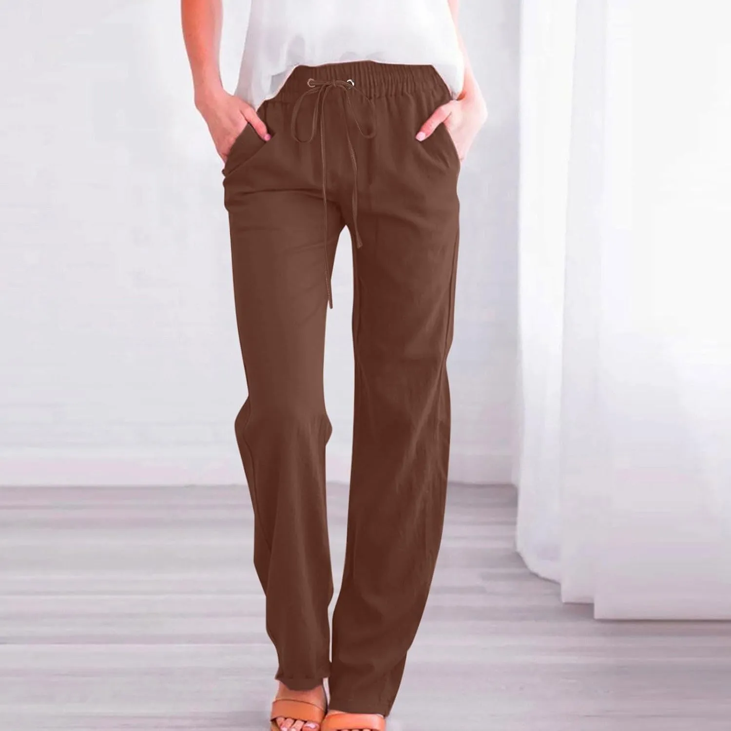 Flowy Pants for Women Elastic Waist Wide Leg Trousers Lightweight Linen Blend Casual Spring and Summer Beachwear