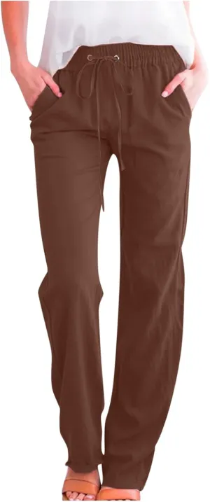 Flowy Pants for Women Elastic Waist Wide Leg Trousers Lightweight Linen Blend Casual Spring and Summer Beachwear