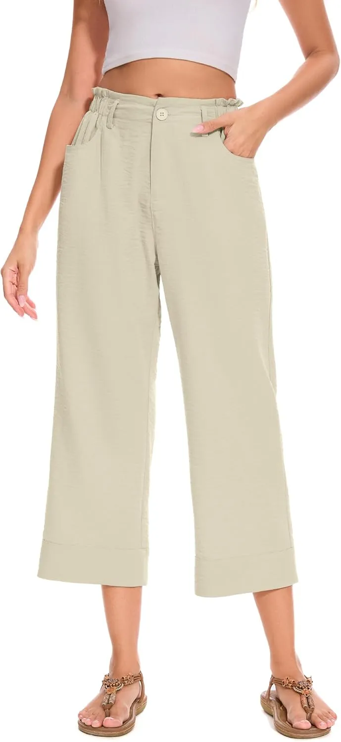 FUNYYZO Women Summer Capri Pants Trousers Pants Drawstring Waist Wide Leg Casual Loose Fit Dressy Pants