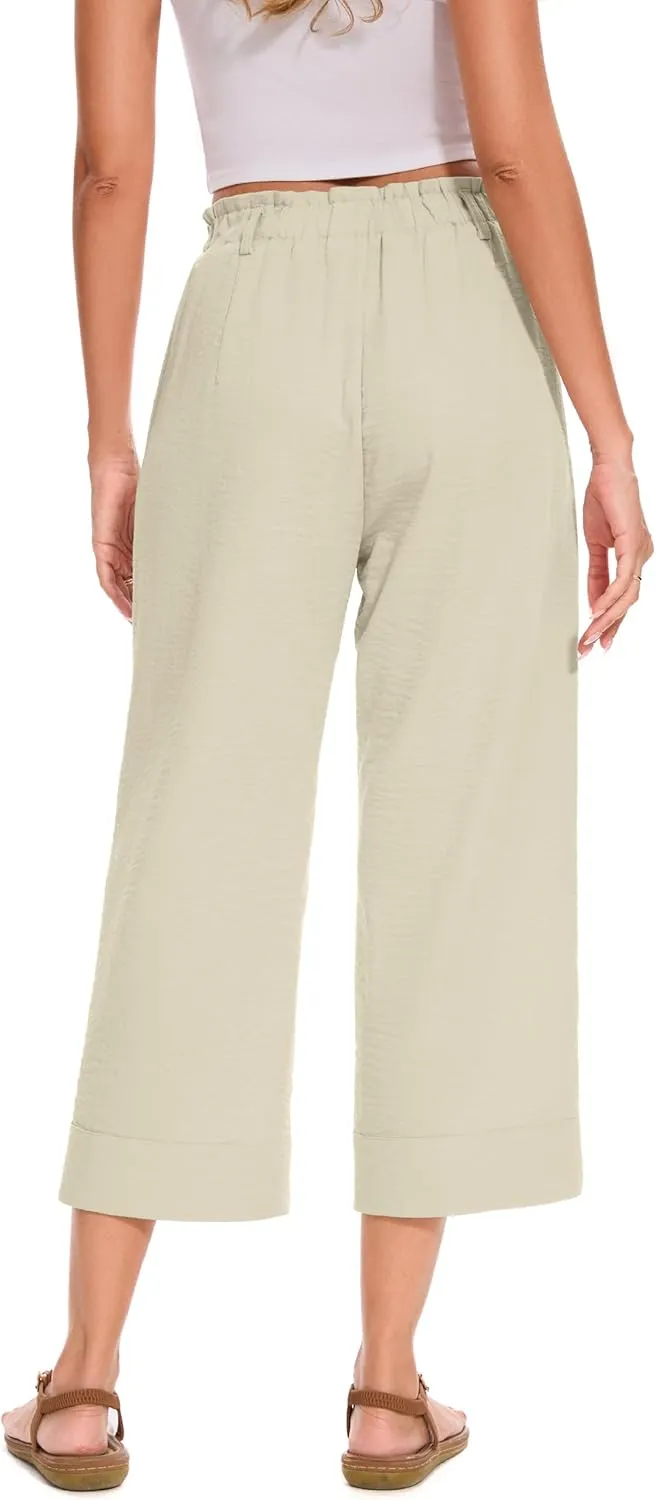 FUNYYZO Women Summer Capri Pants Trousers Pants Drawstring Waist Wide Leg Casual Loose Fit Dressy Pants