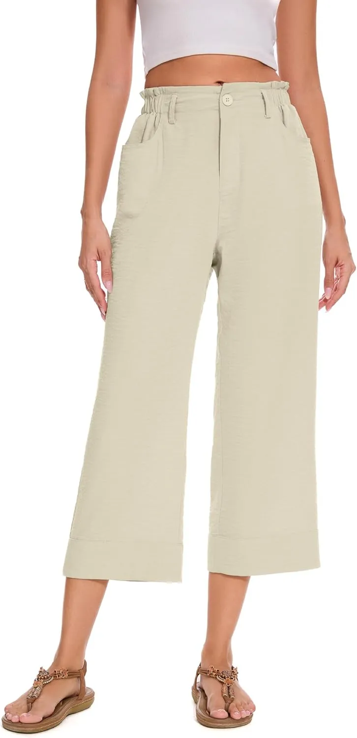 FUNYYZO Women Summer Capri Pants Trousers Pants Drawstring Waist Wide Leg Casual Loose Fit Dressy Pants