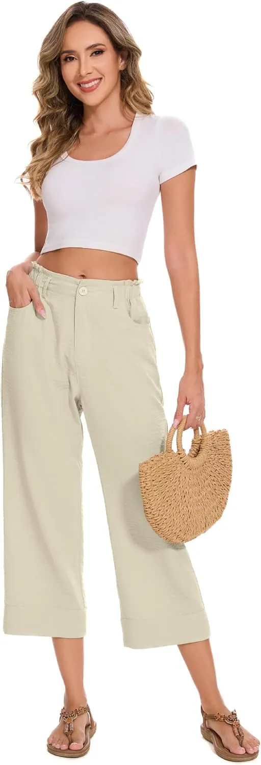 FUNYYZO Women Summer Capri Pants Trousers Pants Drawstring Waist Wide Leg Casual Loose Fit Dressy Pants
