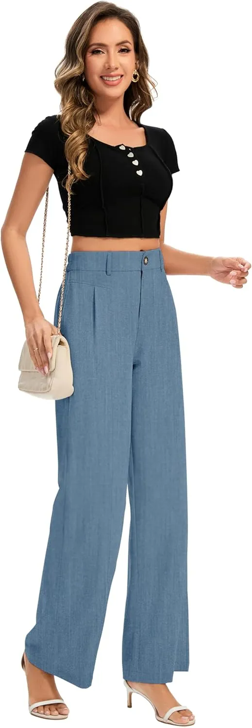 FUNYYZO Women's Long Casual Pants High Waisted Work Pants Dressy Wide Leg Elastic Waist Trousers Pants