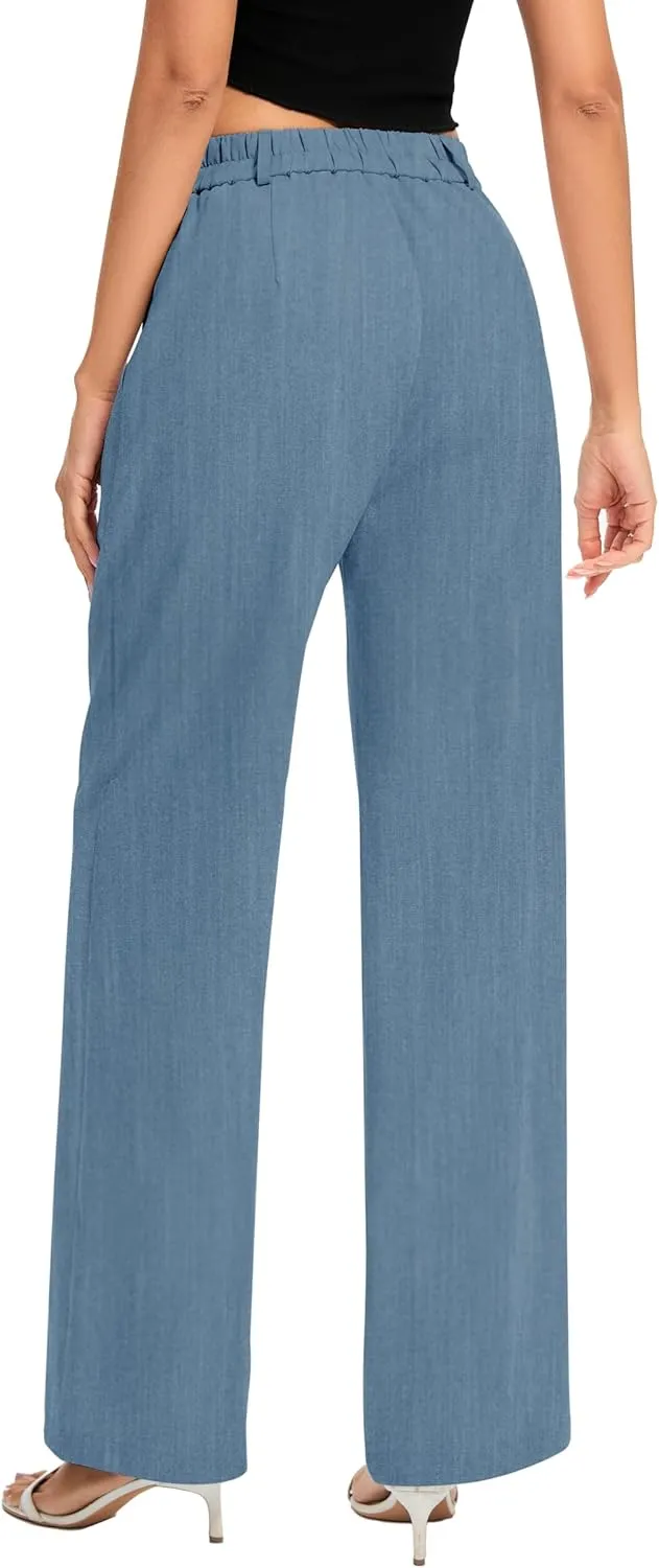FUNYYZO Women's Long Casual Pants High Waisted Work Pants Dressy Wide Leg Elastic Waist Trousers Pants