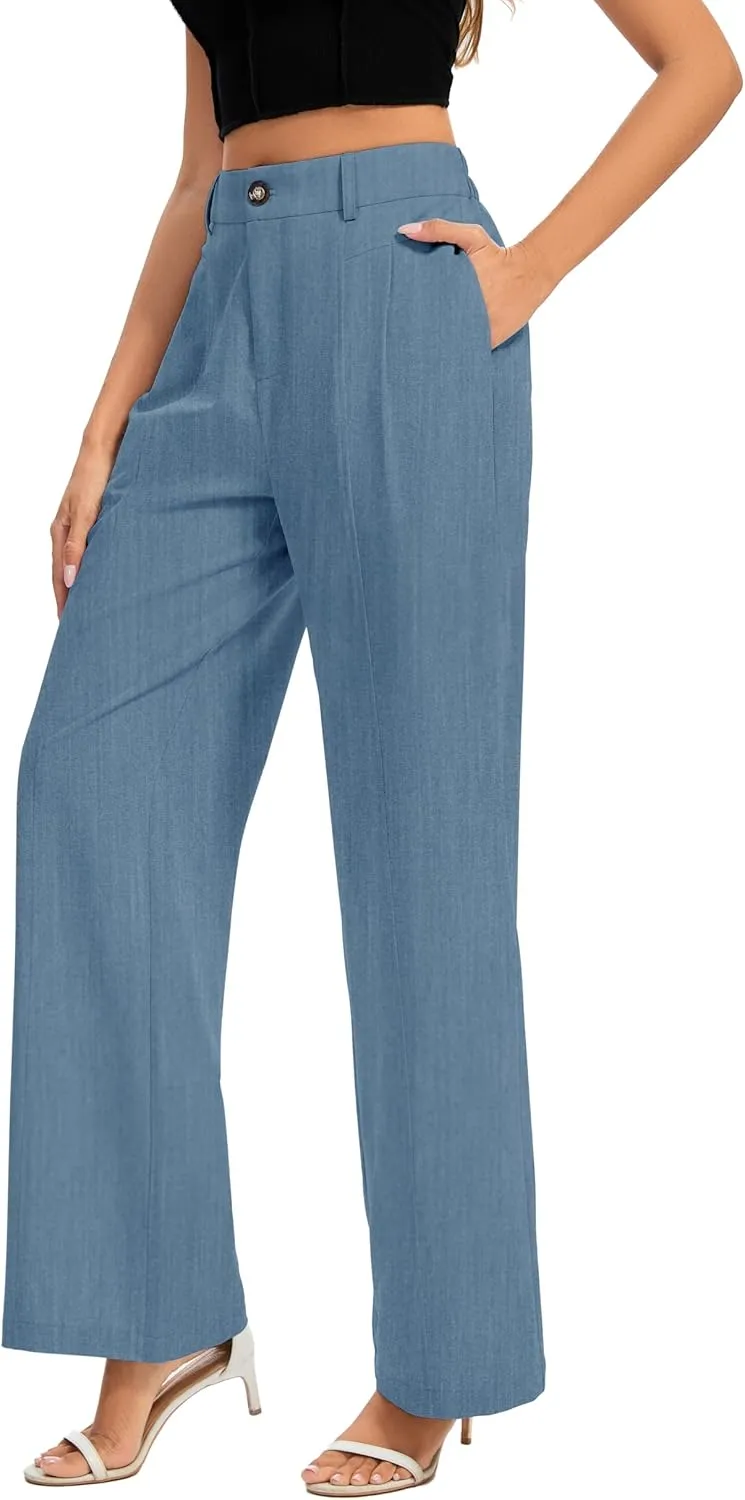 FUNYYZO Women's Long Casual Pants High Waisted Work Pants Dressy Wide Leg Elastic Waist Trousers Pants