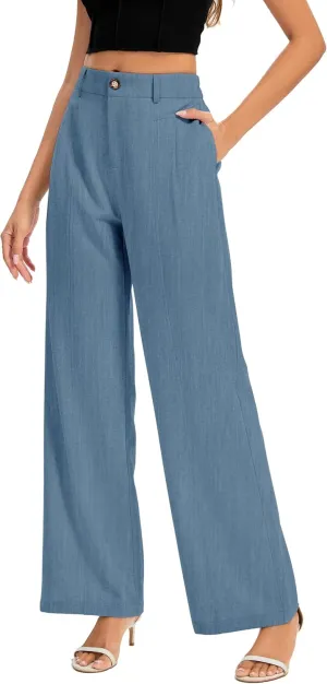 FUNYYZO Women's Long Casual Pants High Waisted Work Pants Dressy Wide Leg Elastic Waist Trousers Pants