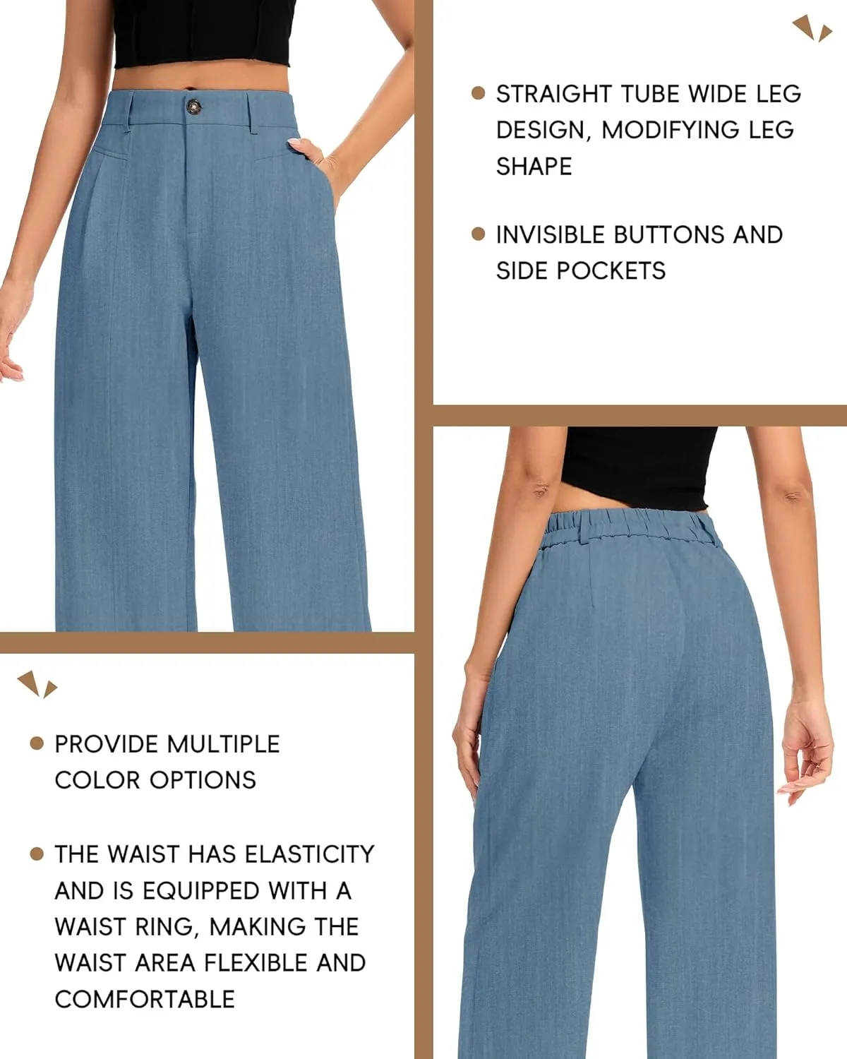 FUNYYZO Women's Long Casual Pants High Waisted Work Pants Dressy Wide Leg Elastic Waist Trousers Pants