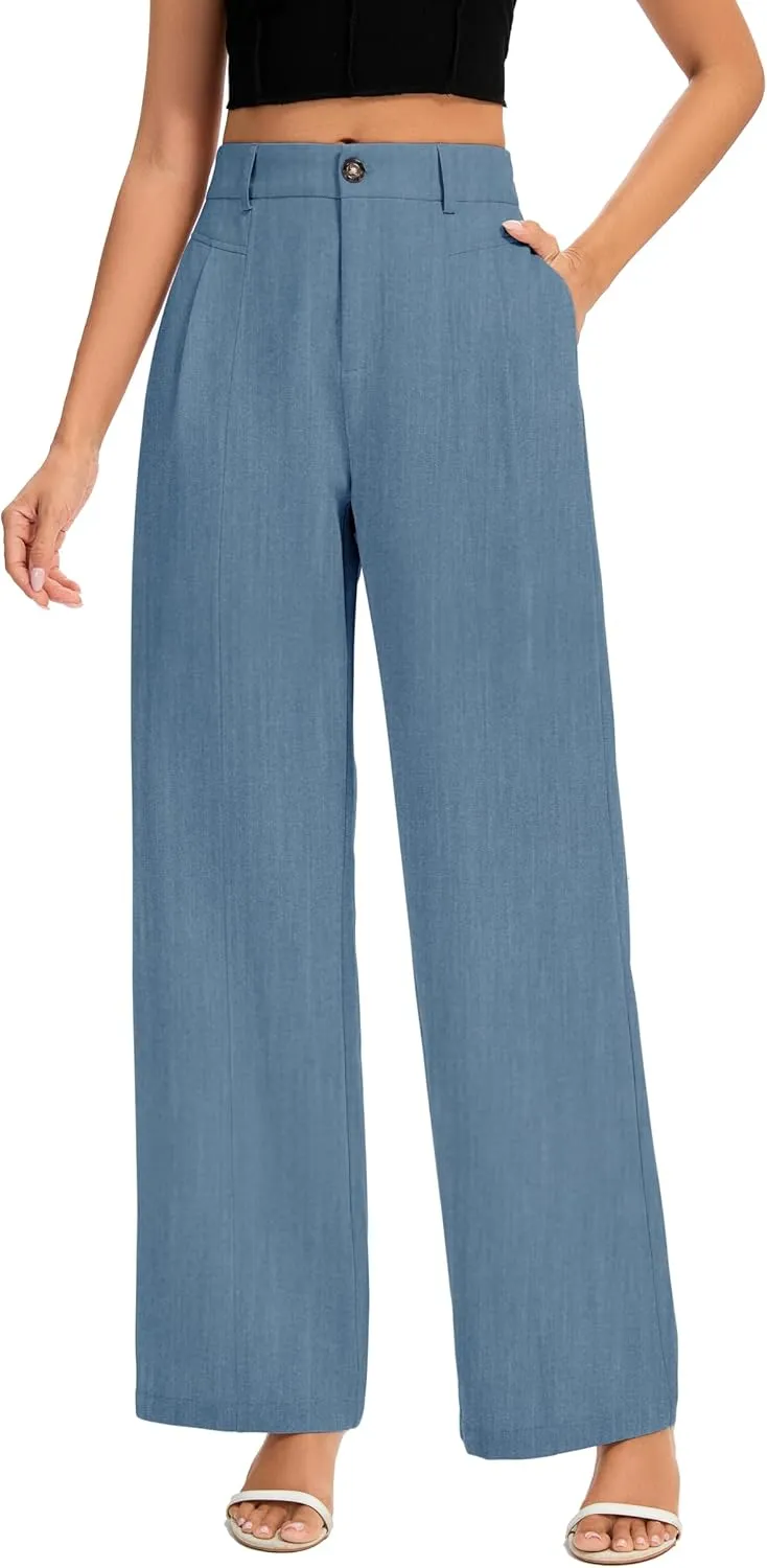 FUNYYZO Women's Long Casual Pants High Waisted Work Pants Dressy Wide Leg Elastic Waist Trousers Pants