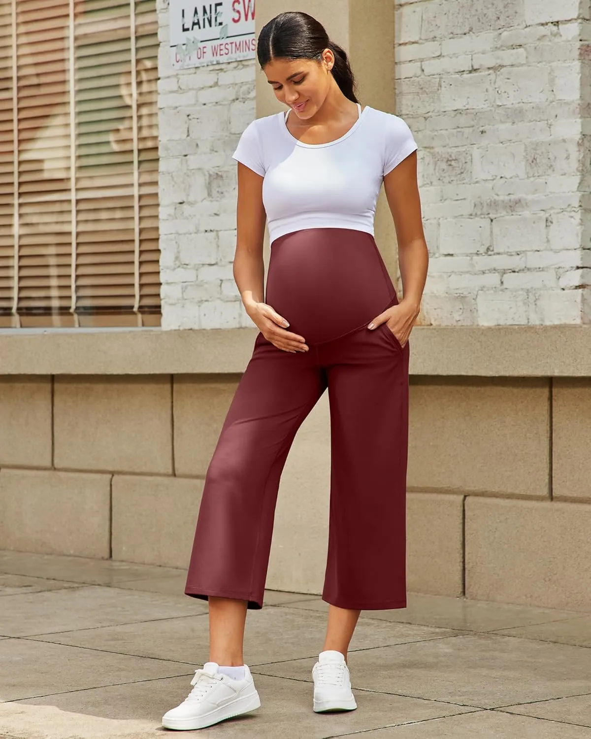 G4Free Wide Leg Maternity Yoga Capris Over The Belly Stretch Pregnancy Cropped Pants with Pockets