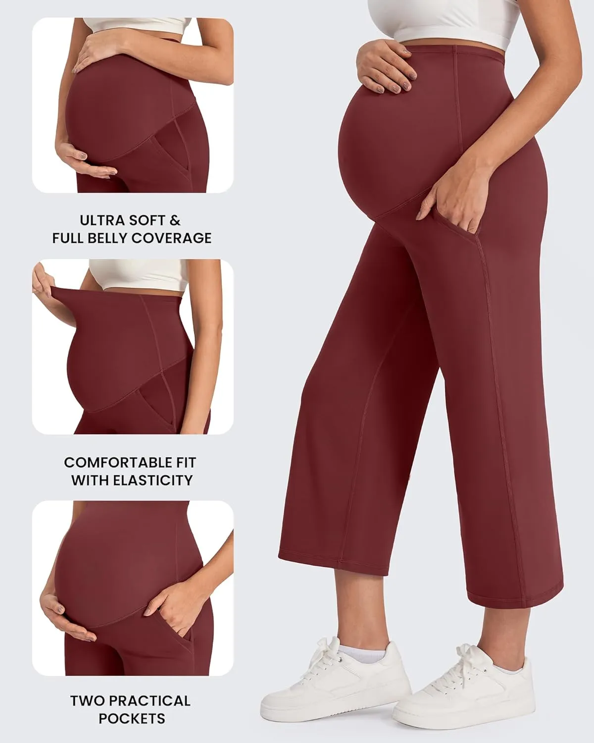 G4Free Wide Leg Maternity Yoga Capris Over The Belly Stretch Pregnancy Cropped Pants with Pockets