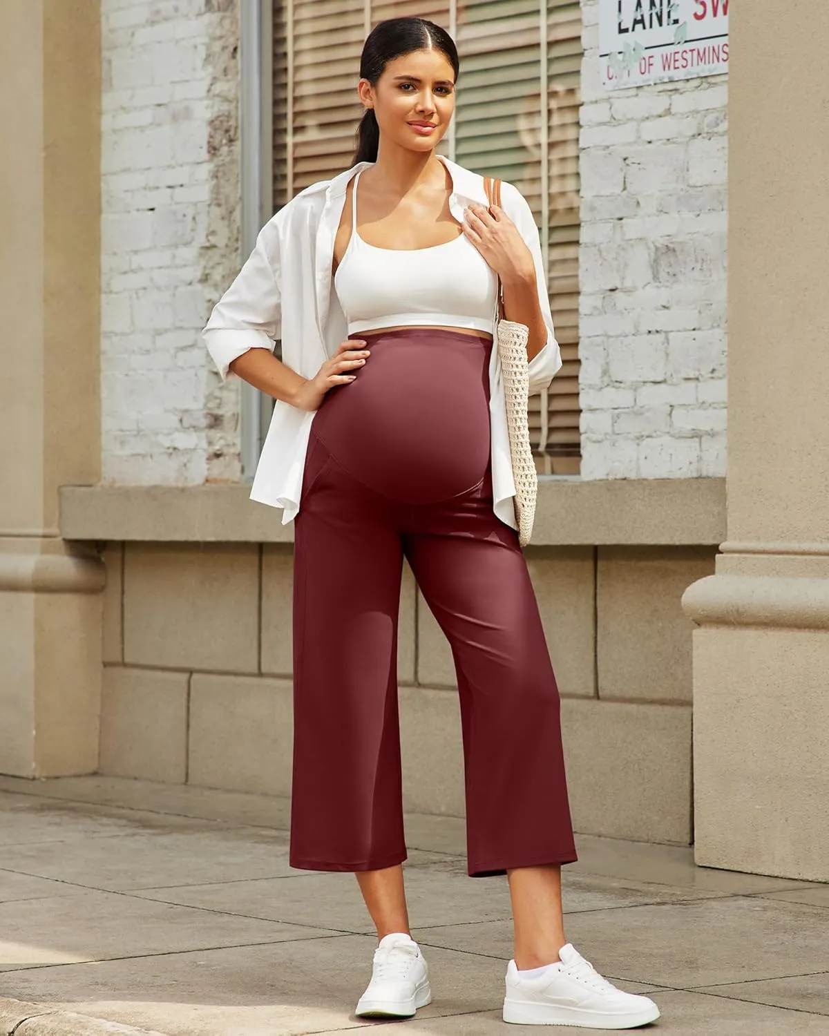 G4Free Wide Leg Maternity Yoga Capris Over The Belly Stretch Pregnancy Cropped Pants with Pockets