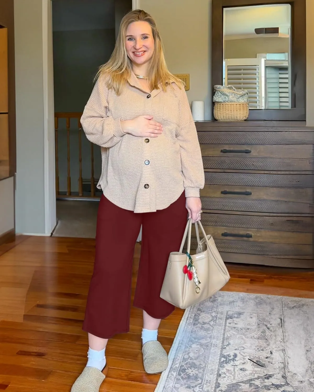 G4Free Wide Leg Maternity Yoga Capris Over The Belly Stretch Pregnancy Cropped Pants with Pockets