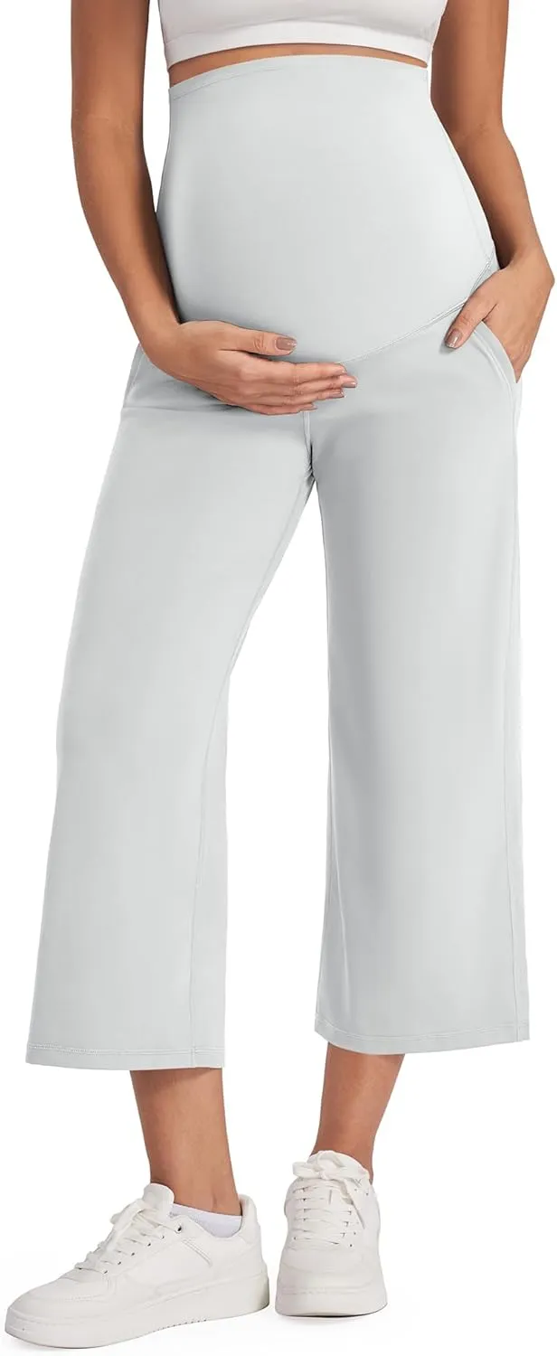 G4Free Wide Leg Maternity Yoga Capris Over The Belly Stretch Pregnancy Cropped Pants with Pockets