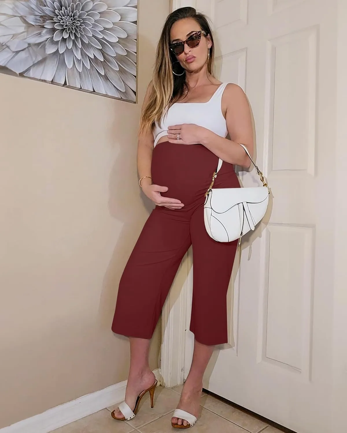 G4Free Wide Leg Maternity Yoga Capris Over The Belly Stretch Pregnancy Cropped Pants with Pockets