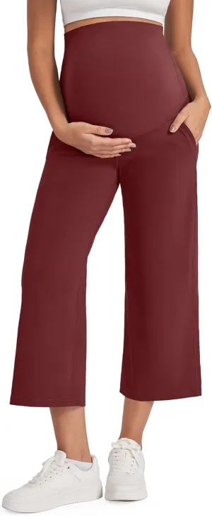 G4Free Wide Leg Maternity Yoga Capris Over The Belly Stretch Pregnancy Cropped Pants with Pockets