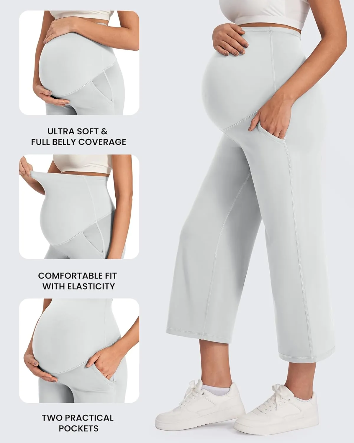 G4Free Wide Leg Maternity Yoga Capris Over The Belly Stretch Pregnancy Cropped Pants with Pockets