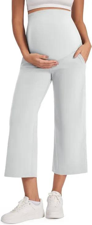 G4Free Wide Leg Maternity Yoga Capris Over The Belly Stretch Pregnancy Cropped Pants with Pockets