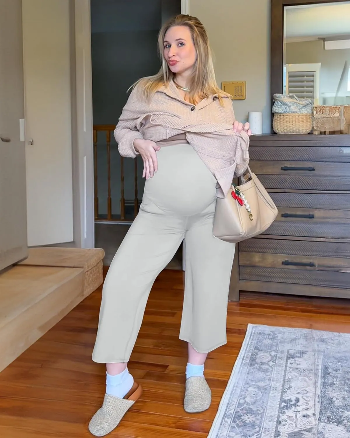 G4Free Wide Leg Maternity Yoga Capris Over The Belly Stretch Pregnancy Cropped Pants with Pockets