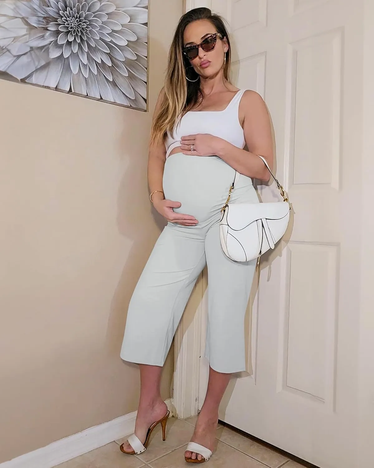 G4Free Wide Leg Maternity Yoga Capris Over The Belly Stretch Pregnancy Cropped Pants with Pockets