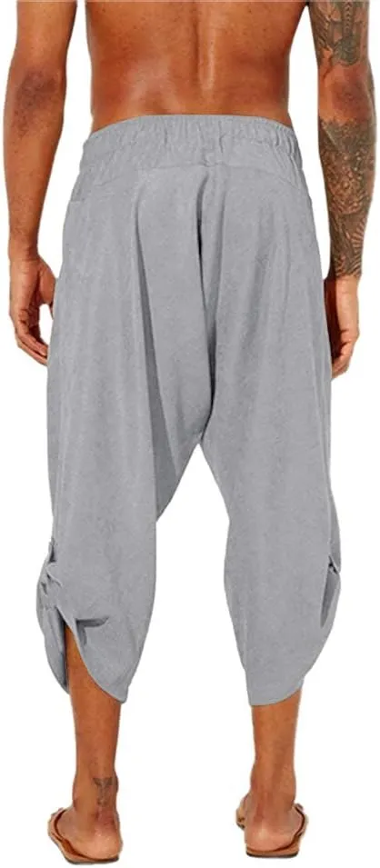 Gafeng Mens Linen Harem Capri Pants Drawstring 3/4 Shorts Casual Beach Yoga Hippie Thai Pants