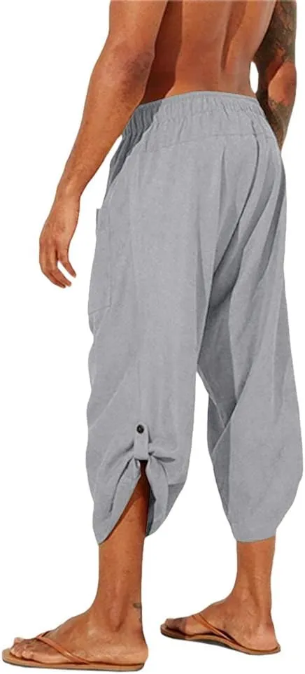 Gafeng Mens Linen Harem Capri Pants Drawstring 3/4 Shorts Casual Beach Yoga Hippie Thai Pants