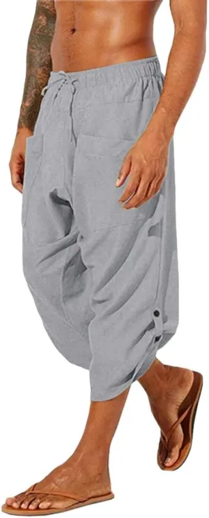 Gafeng Mens Linen Harem Capri Pants Drawstring 3/4 Shorts Casual Beach Yoga Hippie Thai Pants