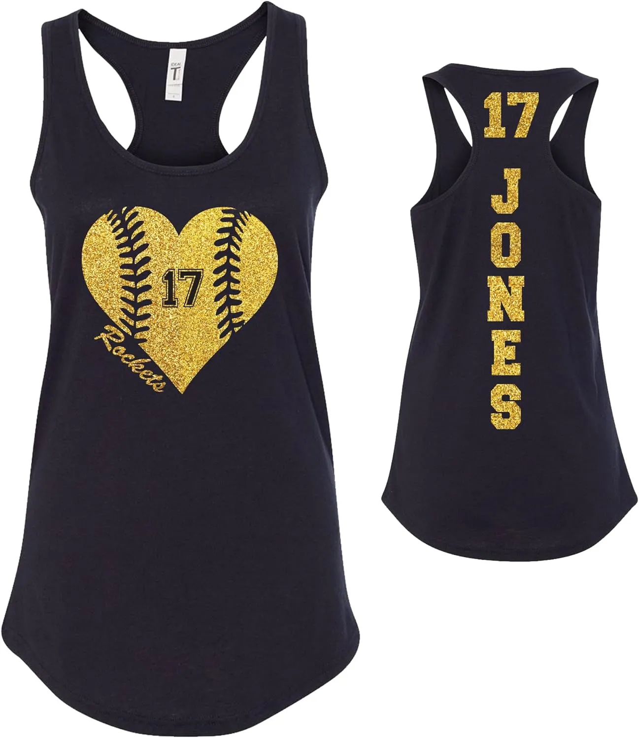 Generic Custom Glitter Baseball Heart Cotton Women's FITTED Racerback Tank Top Personalized to Support Your Favorite Team and Player Baseball Mom Gift - 1533 Black, Medium