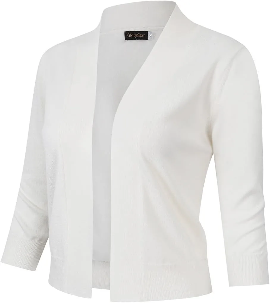 GloryStar Women's 3/4 Sleeve Open Front Cropped Cardigan Sweater Lightweight Knit Short Shrugs White L