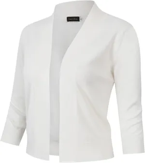 GloryStar Women's 3/4 Sleeve Open Front Cropped Cardigan Sweater Lightweight Knit Short Shrugs White L
