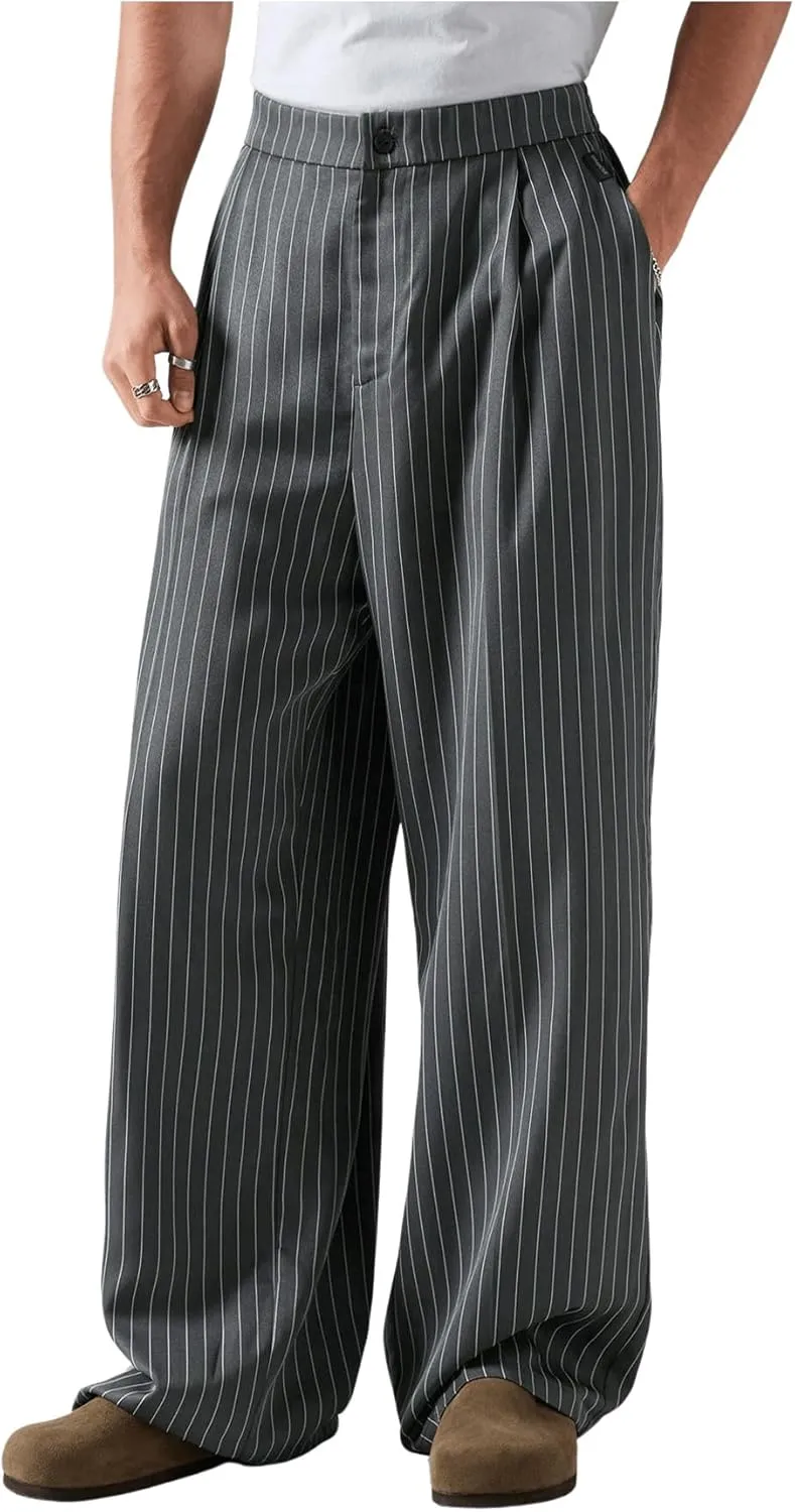 GORGLITTER Men's Baggy Casual Pleated Striped Dress Pants 2025 Wide Leg Trousers with Pockets