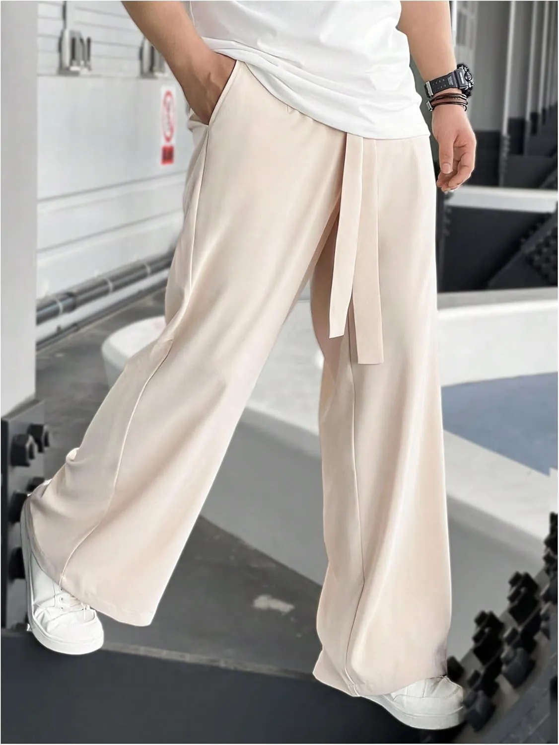 GORGLITTER Men's Casual Wide Leg Dress Pants Elastic High Waisted Baggy Streetwear Trousers