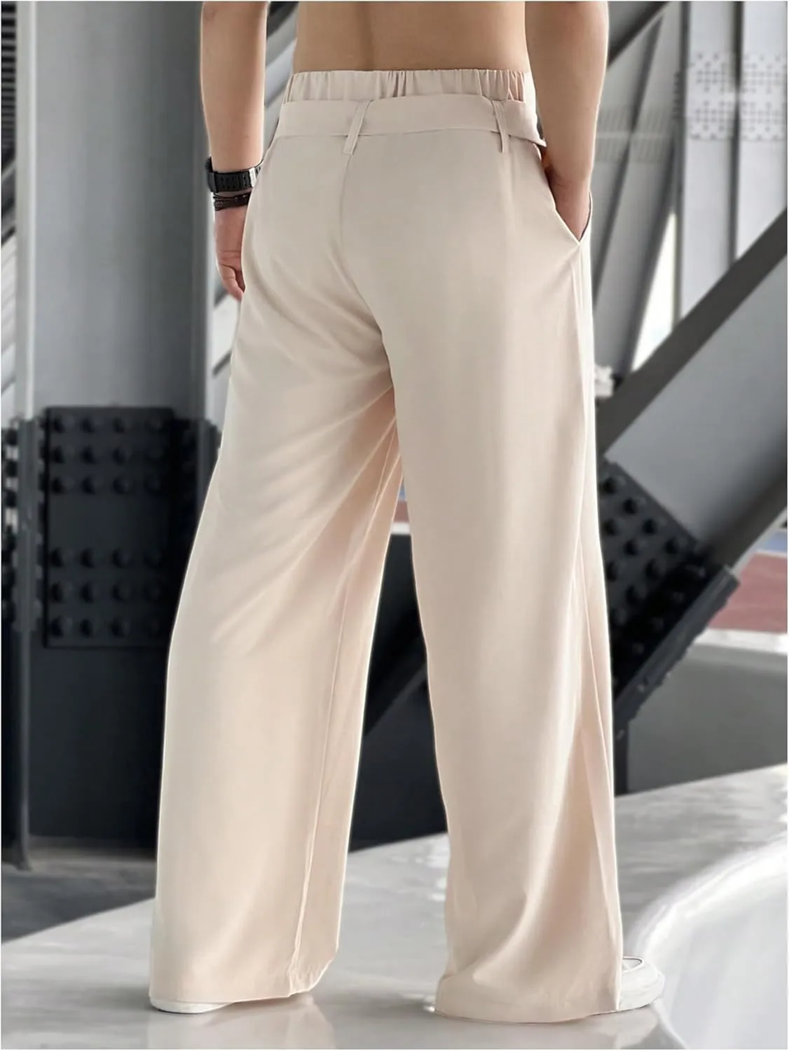 GORGLITTER Men's Casual Wide Leg Dress Pants Elastic High Waisted Baggy Streetwear Trousers