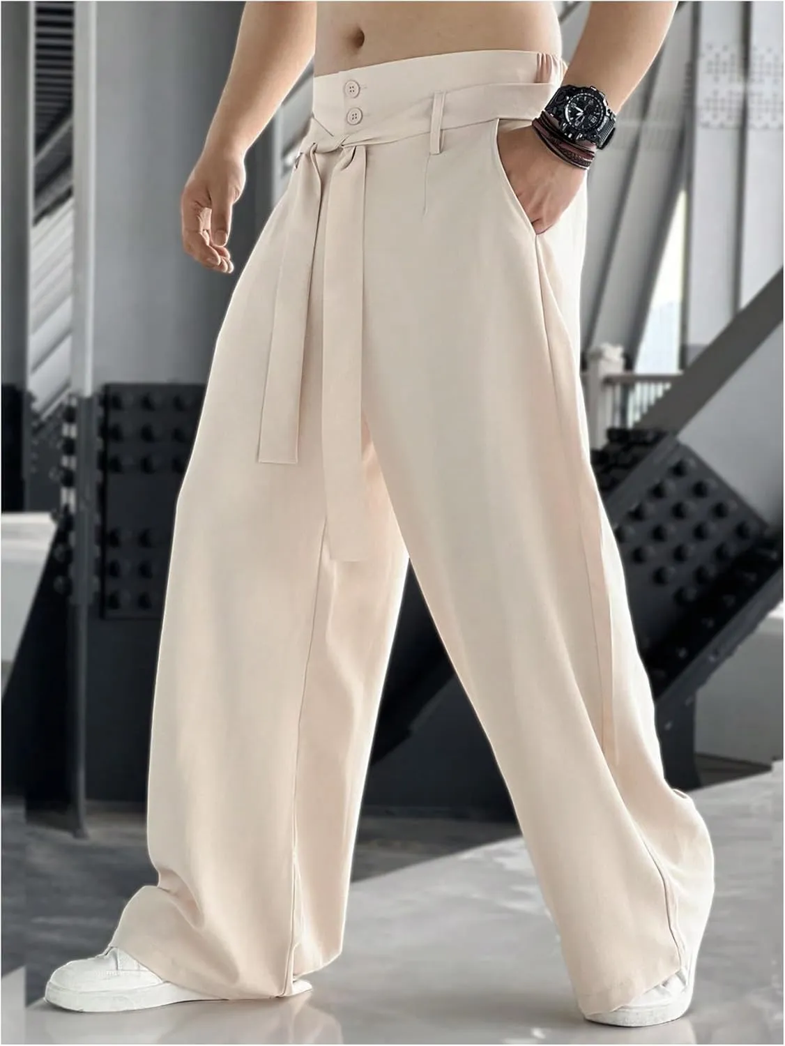 GORGLITTER Men's Casual Wide Leg Dress Pants Elastic High Waisted Baggy Streetwear Trousers