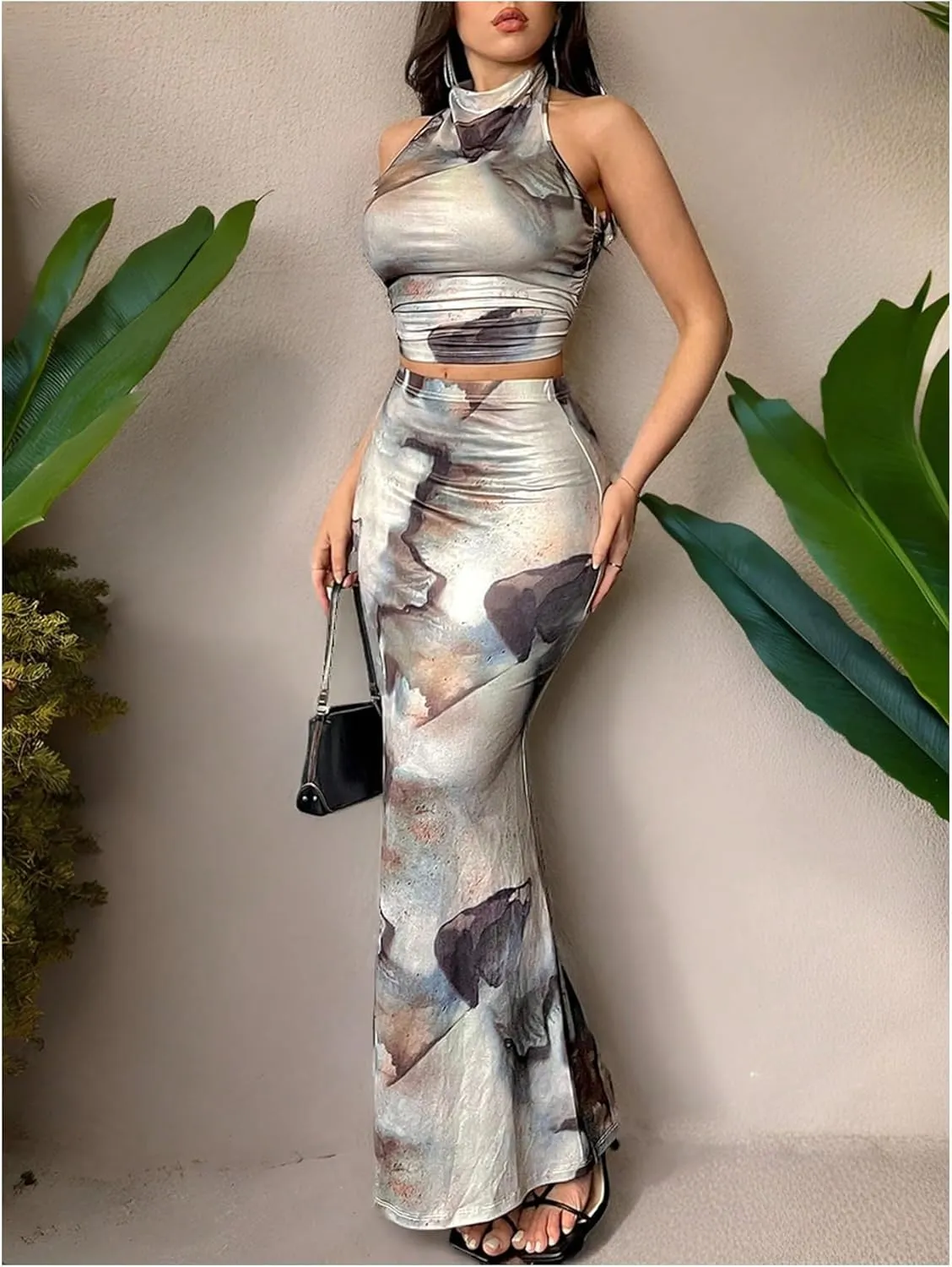 GORGLITTER Women's 2 Piece Skirt Sets Tie Dye Halter Crop Tops and Fishtail Bodycon Maxi Skirt Trendy Summer Outfits