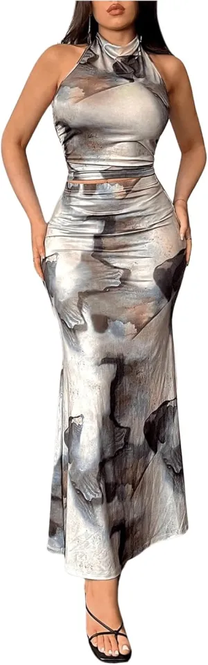 GORGLITTER Women's 2 Piece Skirt Sets Tie Dye Halter Crop Tops and Fishtail Bodycon Maxi Skirt Trendy Summer Outfits