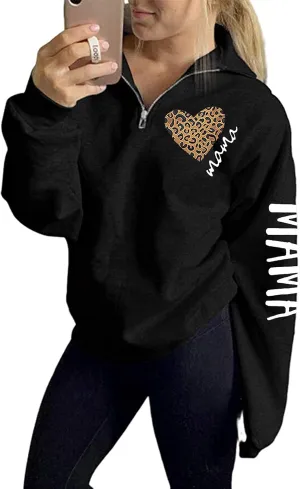 GOWONE Women's Mama Life Sweatshirt Long Sleeve 1/4 Zipper Pullover Sweater High Collar Tunic Tops Outwear Coat
