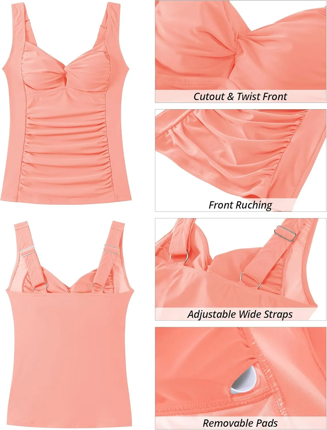GRAPENT Tankini Tops for Women Twist Front Keyhole Bathing Suits Swim Tankini Swimsuits Padded Ruched Swimwear Top Only