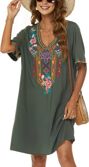 Grosy Women's Embroidered Mexican Peasant Dresses, Plus Size Fiesta Boho Dress for Women, Traditional Floral Bohemian Tunic