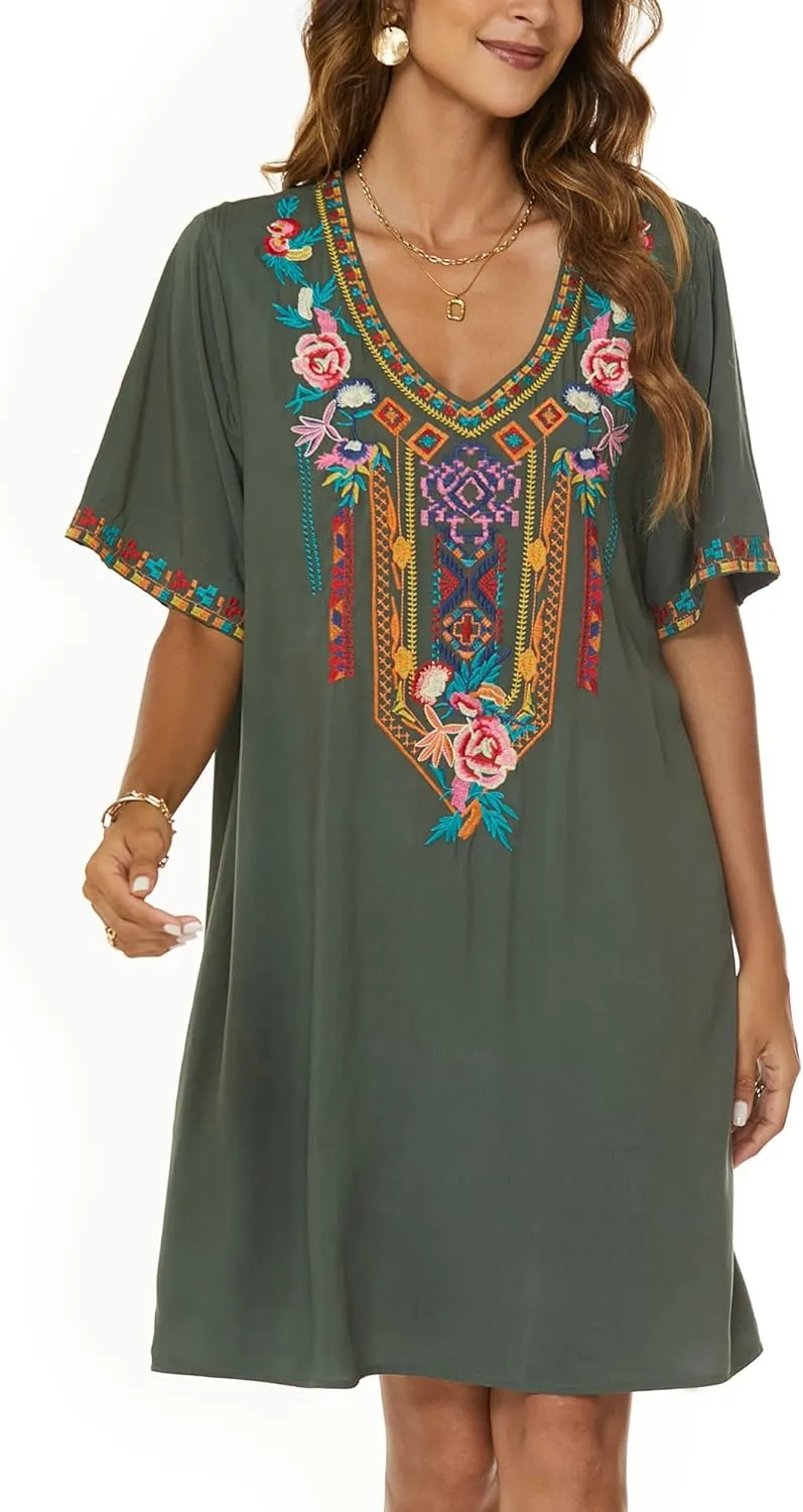 Grosy Women's Embroidered Mexican Peasant Dresses, Plus Size Fiesta Boho Dress for Women, Traditional Floral Bohemian Tunic