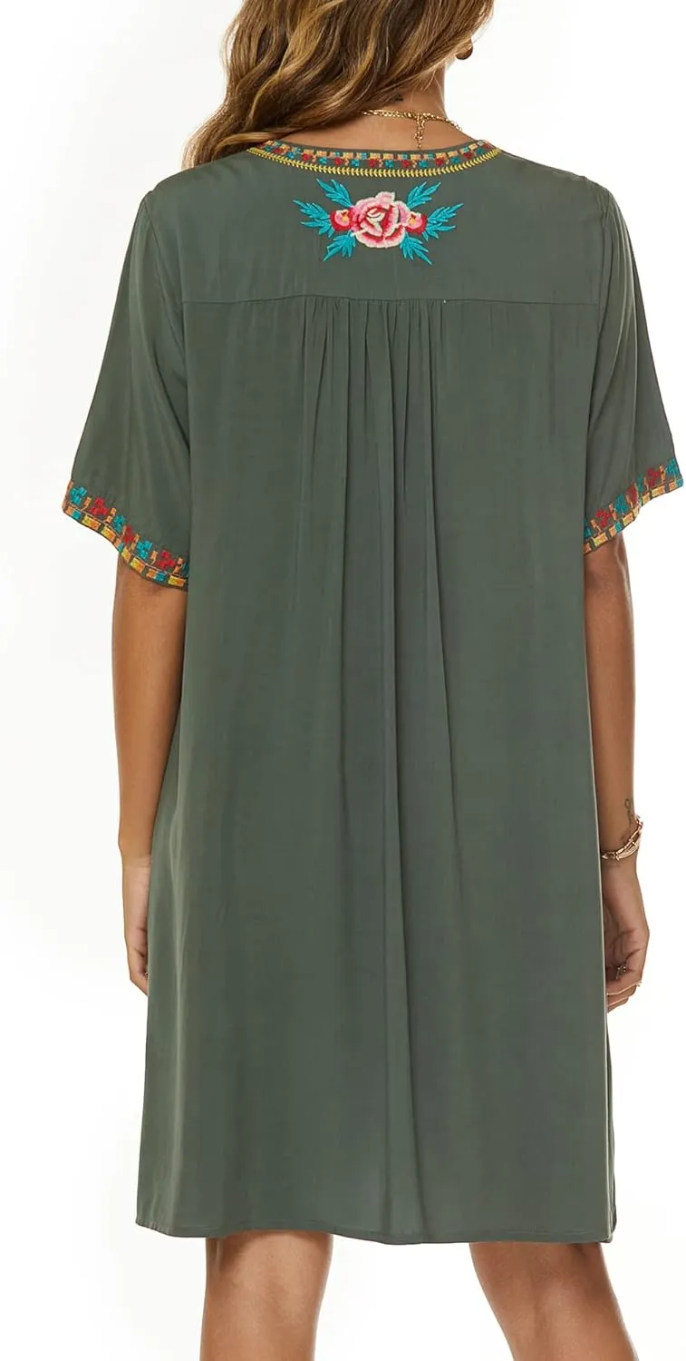 Grosy Women's Embroidered Mexican Peasant Dresses, Plus Size Fiesta Boho Dress for Women, Traditional Floral Bohemian Tunic