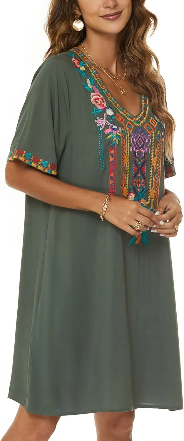 Grosy Women's Embroidered Mexican Peasant Dresses, Plus Size Fiesta Boho Dress for Women, Traditional Floral Bohemian Tunic