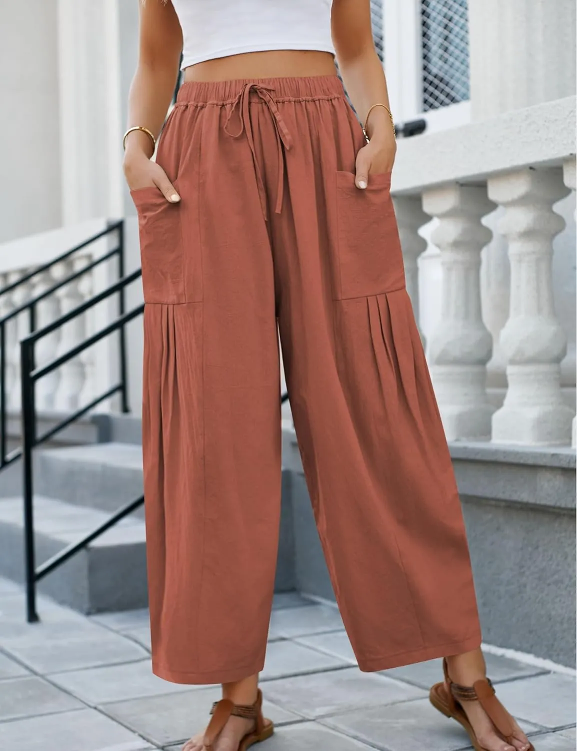 HangNiFang Cotton Linen Wide Leg Pants for Women High Waisted Beach Palazzo Harem Pants