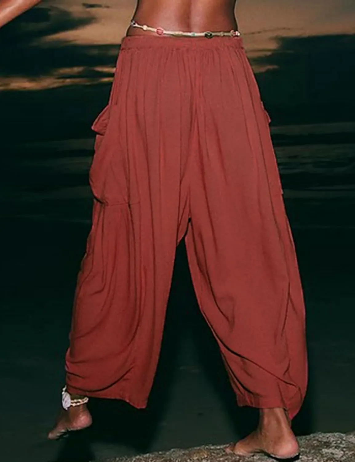 HangNiFang Cotton Linen Wide Leg Pants for Women High Waisted Beach Palazzo Harem Pants