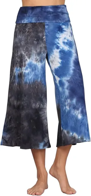 HEYHUN Women's Solid Tie Dye Wide Leg Flared Capri Boho Gaucho Pants w/Lace Detail