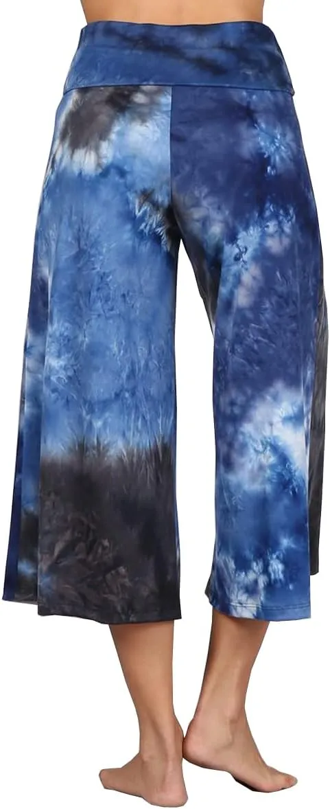 HEYHUN Women's Solid Tie Dye Wide Leg Flared Capri Boho Gaucho Pants w/Lace Detail